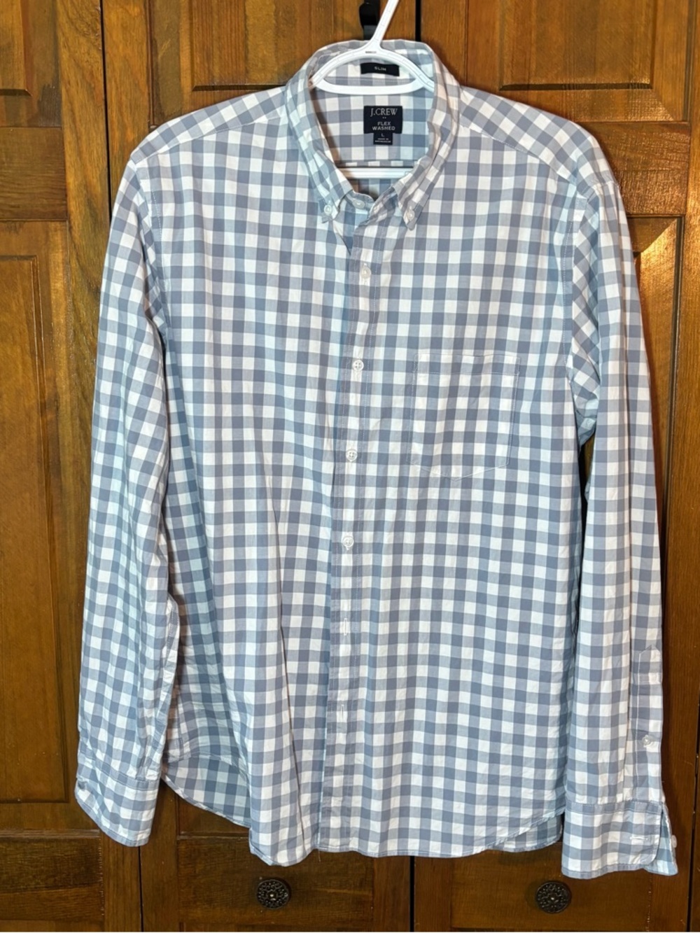 J. Crew Men's Light Blue and White Gingham Button-Down Shirt - Picture 2 of 8